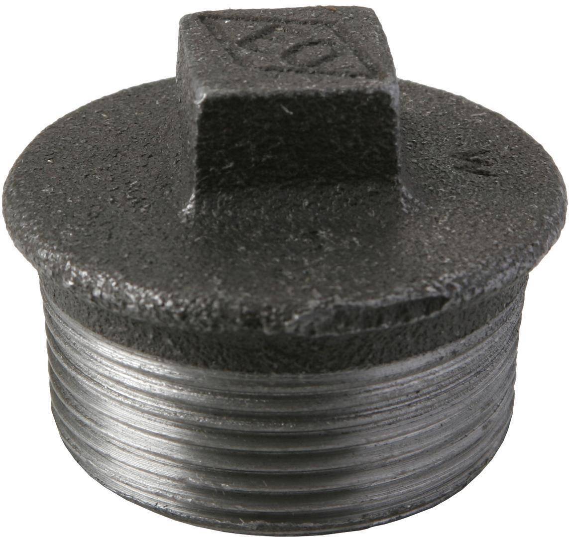 Ein strukturierter Rohrverschluss aus schwarzem Metall mit quadratischem Kopf und Gewinde, verwendet zum Abdichten des Rohrendes.