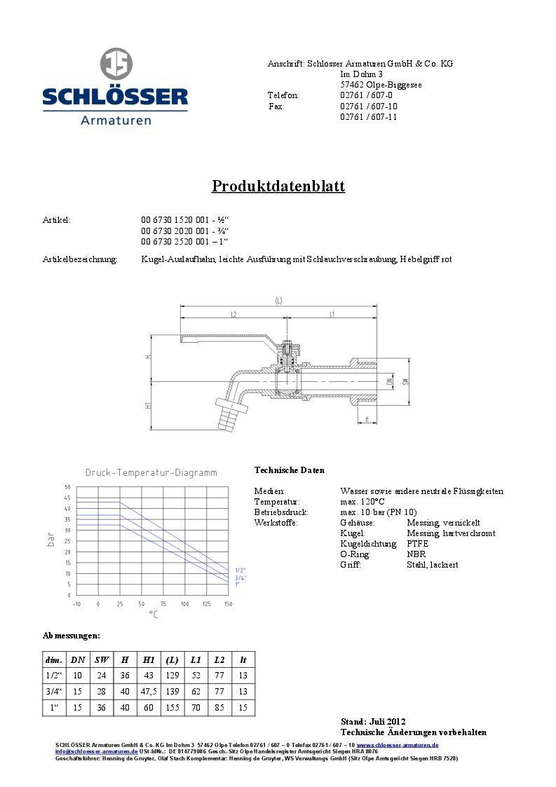 Schlösser Kugel-Auslaufhahn, leicht, DN25, 1", Hebelgriff rot, matt verchromt
