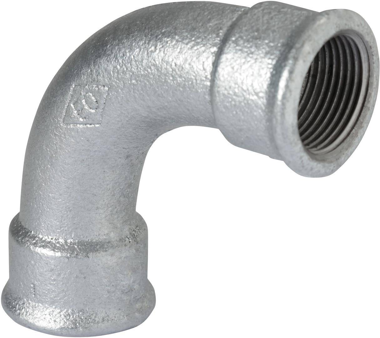 Temperguss Bogen Nr. 2 verzinkt, lang, 90 Grad, I/I 1"