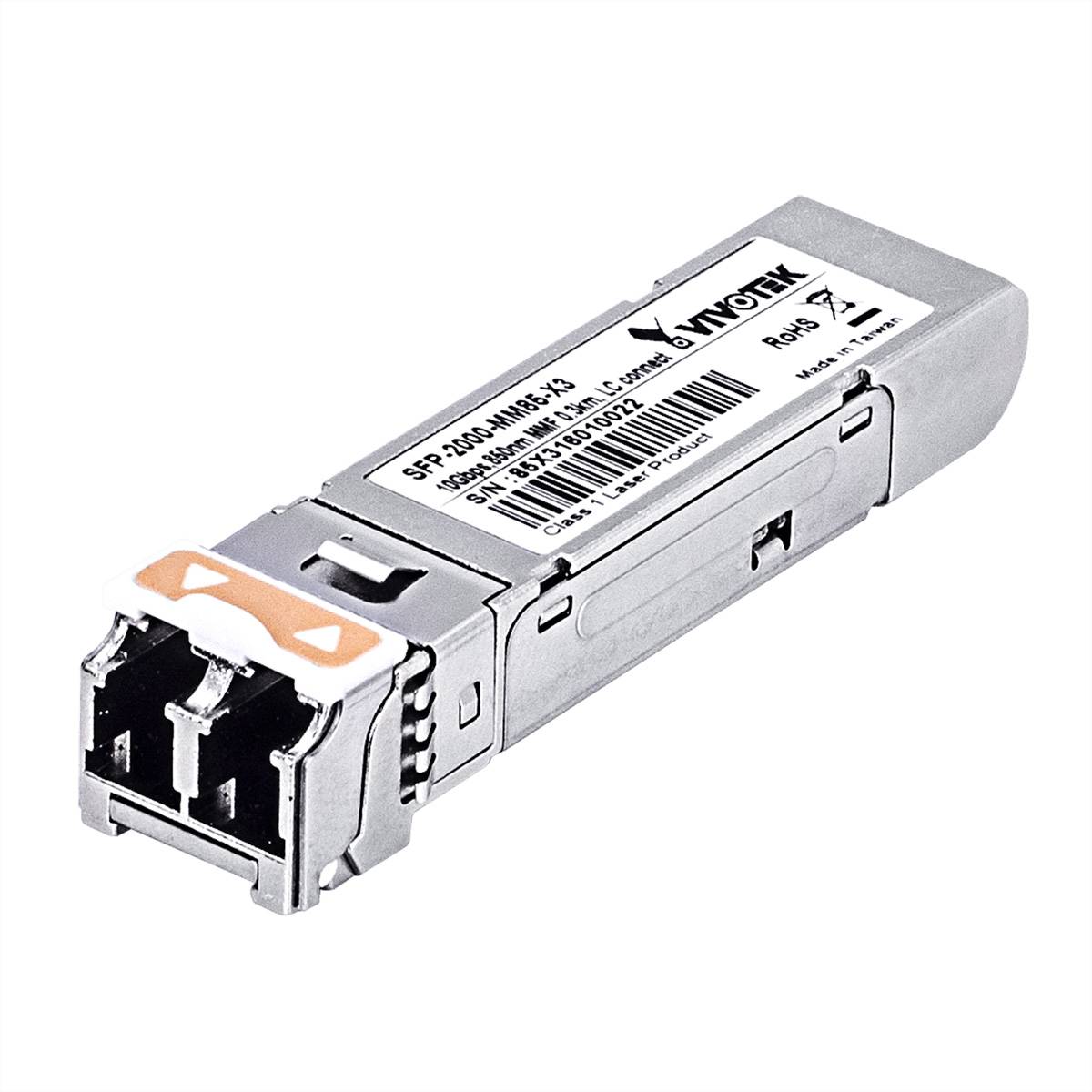 Eine Nahaufnahme eines VIVOTEK SFP-2301-MM850-XG Transceiver-Moduls, das seine Anschlüsse und Beschriftungen präsentiert, das für die Übertragung von Hochgeschwindigkeitsdaten verwendet wird.