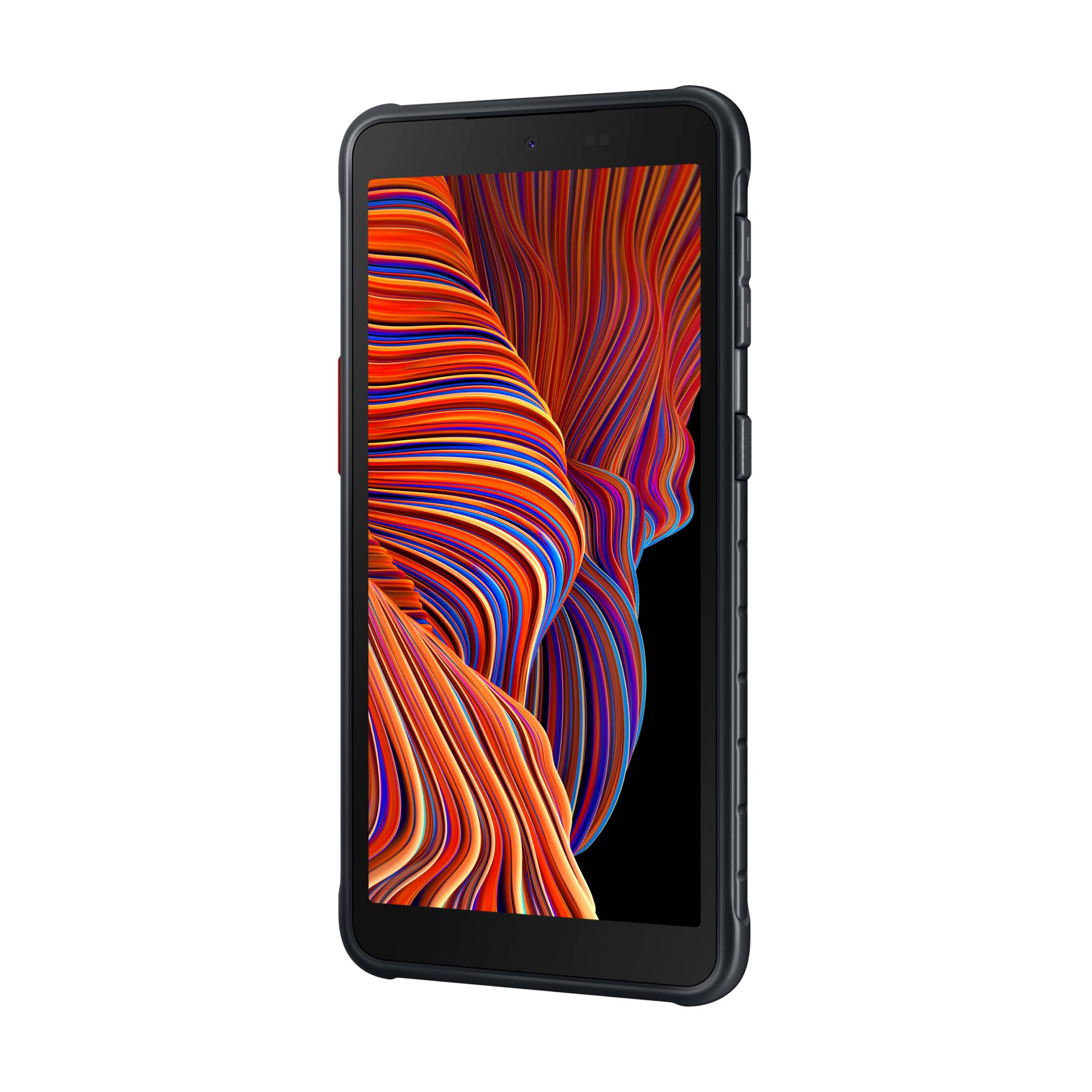 Schwarzes Smartphone in einer robusten Schutzhülle in Schrägansicht mit einem farbenfrohen abstrakten Wellen-Hintergrundbild auf dem Bildschirm.