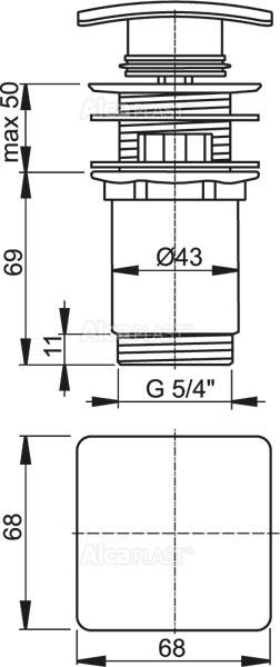alcadrain Ablaufventil für die Waschbecken CLICK/CLACK 5/4" Ganzmetal mit Überlauf, kantig Stopfen