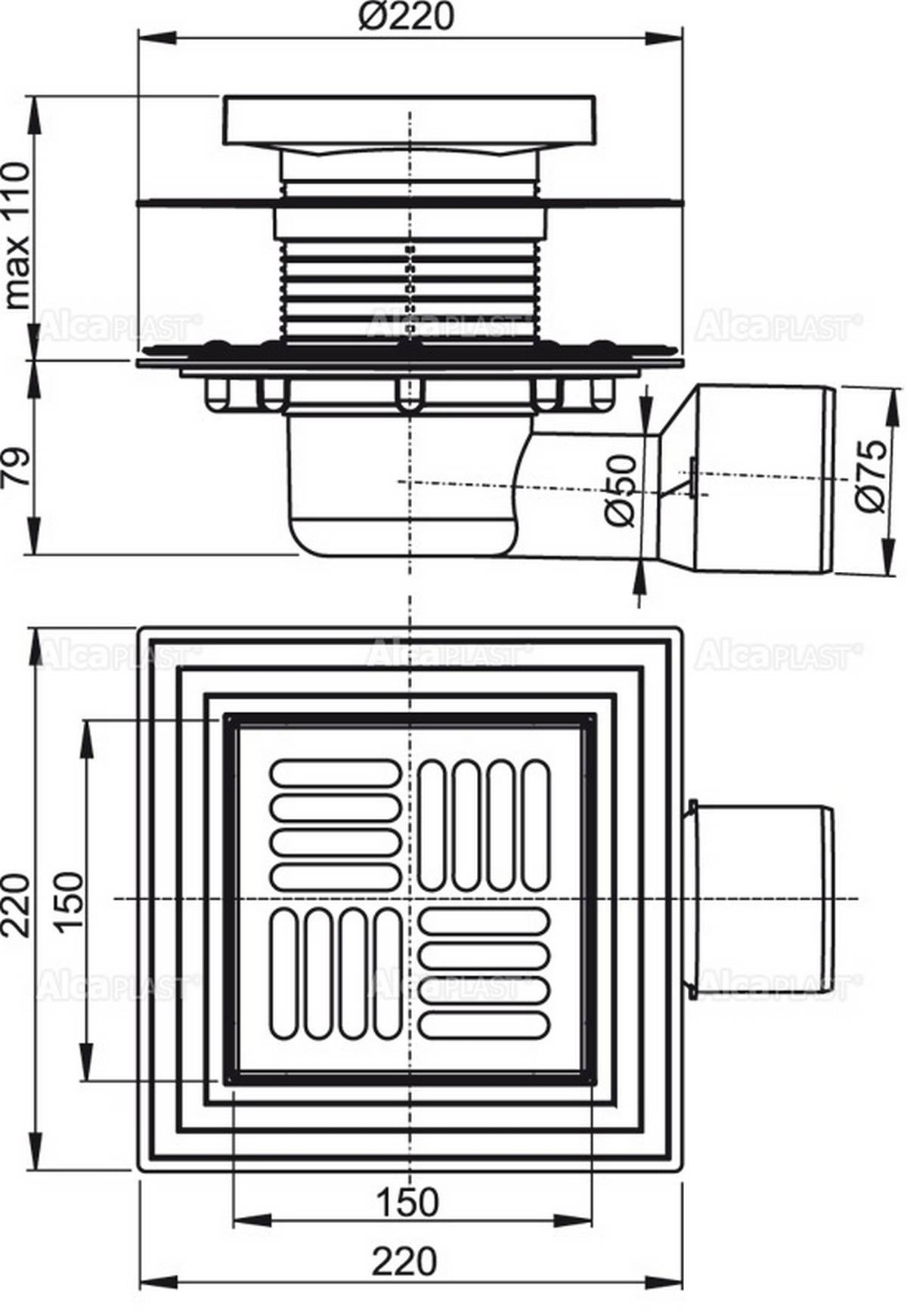Alcadrain APV3444 Bodenablauf mit Edelstahl Rost 150 x 150