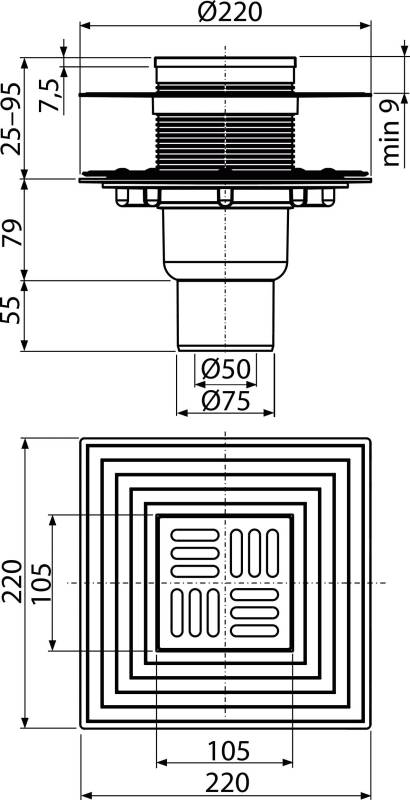 AlcaDrain APV4344 Bodenablauf mit Edelstahlrost 105 x 105