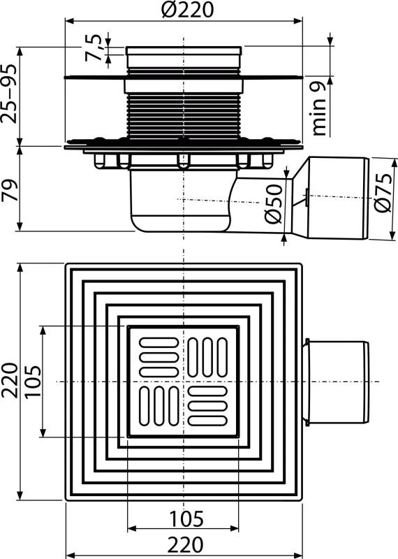 AlcaDrainBodenablauf 105×105/50/75 mm mit einem waagrechten Abgang, Edelstahl Rost, Edelstahl-Dichtungflansch und Manschette-2. Abdichtung