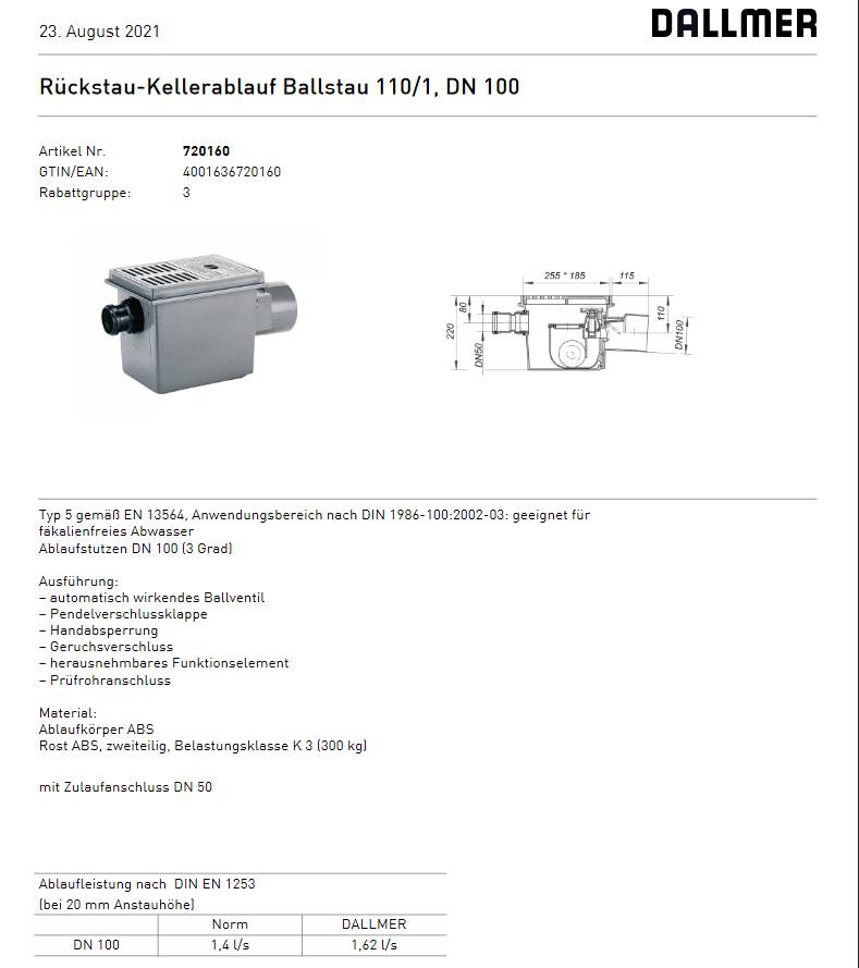 Dallmer Rückstau-Kellerablauf Ballstau 110/1 mit Zulaufanschluss DN 50, DN 100