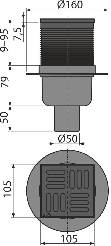 AlcaDrain Bodenablauf mit Edelstahl Rost schwarz 105 x 105