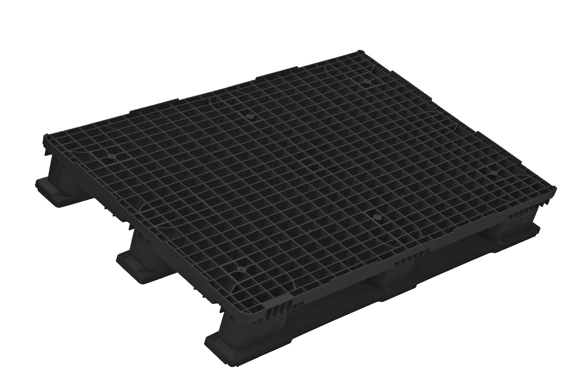 Schwarze Kunststoffpalette mit gerippter Oberseite und vier stabilen Beinen, dargestellt auf weißem Hintergrund.
