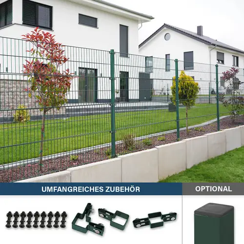DOPPELSTABMATTENZAUN MORATA - Farbe / Höhe / Länge: Farbe: Moosgrün / Höhe: 120 cm / Länge: 10 m, Anzahl Eckpfosten: 3x Eckpfosten DOPPELSTABMATTENZAUN MORATA - Farbe / Höhe / Länge: Farbe: Moosgrün / Höhe: 120 cm / Länge: 10 m, Anzahl Eckpfosten: 3x Eckpfosten