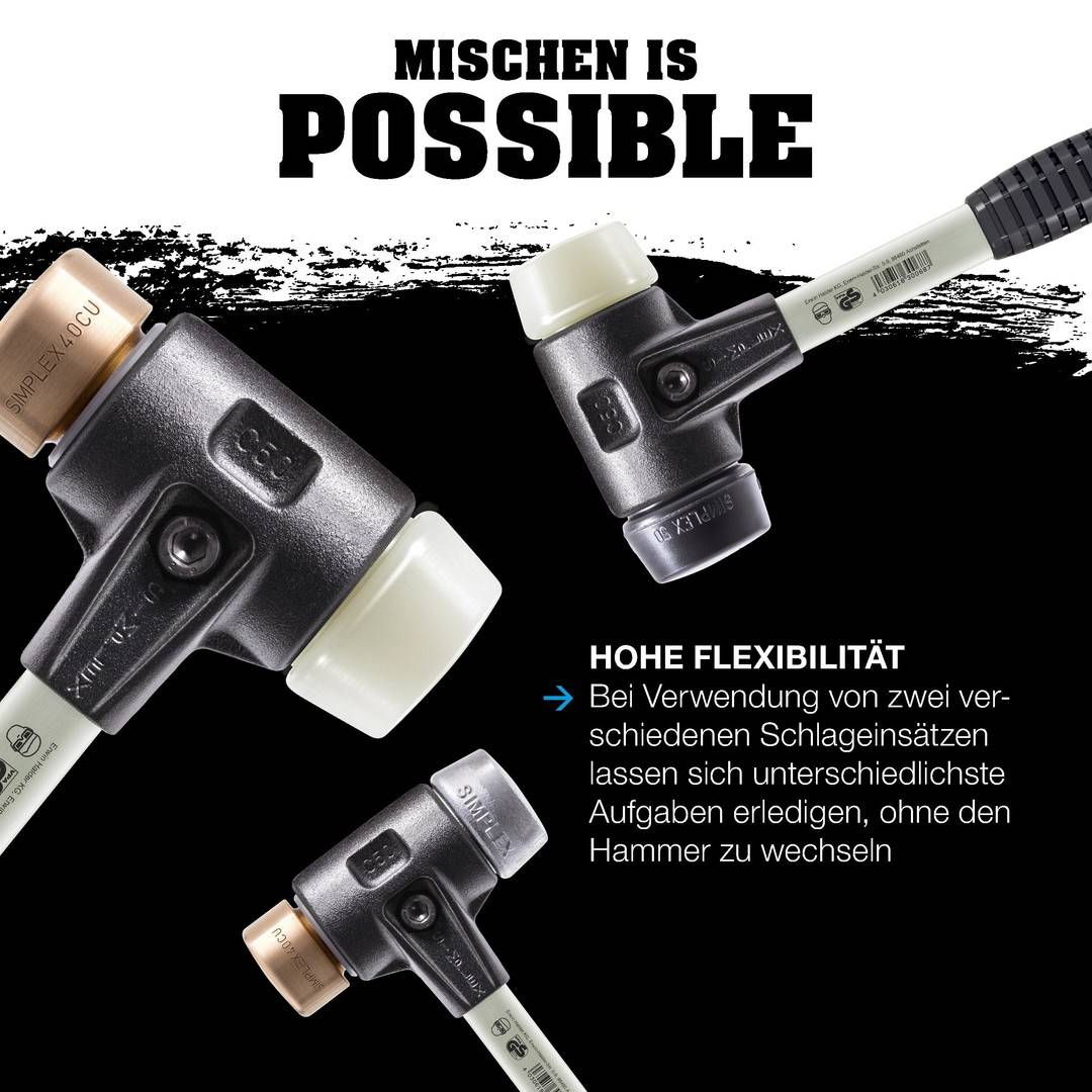 HALDER SIMPLEX Schonhammer Ø 30 mm TPE-soft blau / Plastik rot mit verstärktem Tempergussgehäuse und Fiberglasstiel