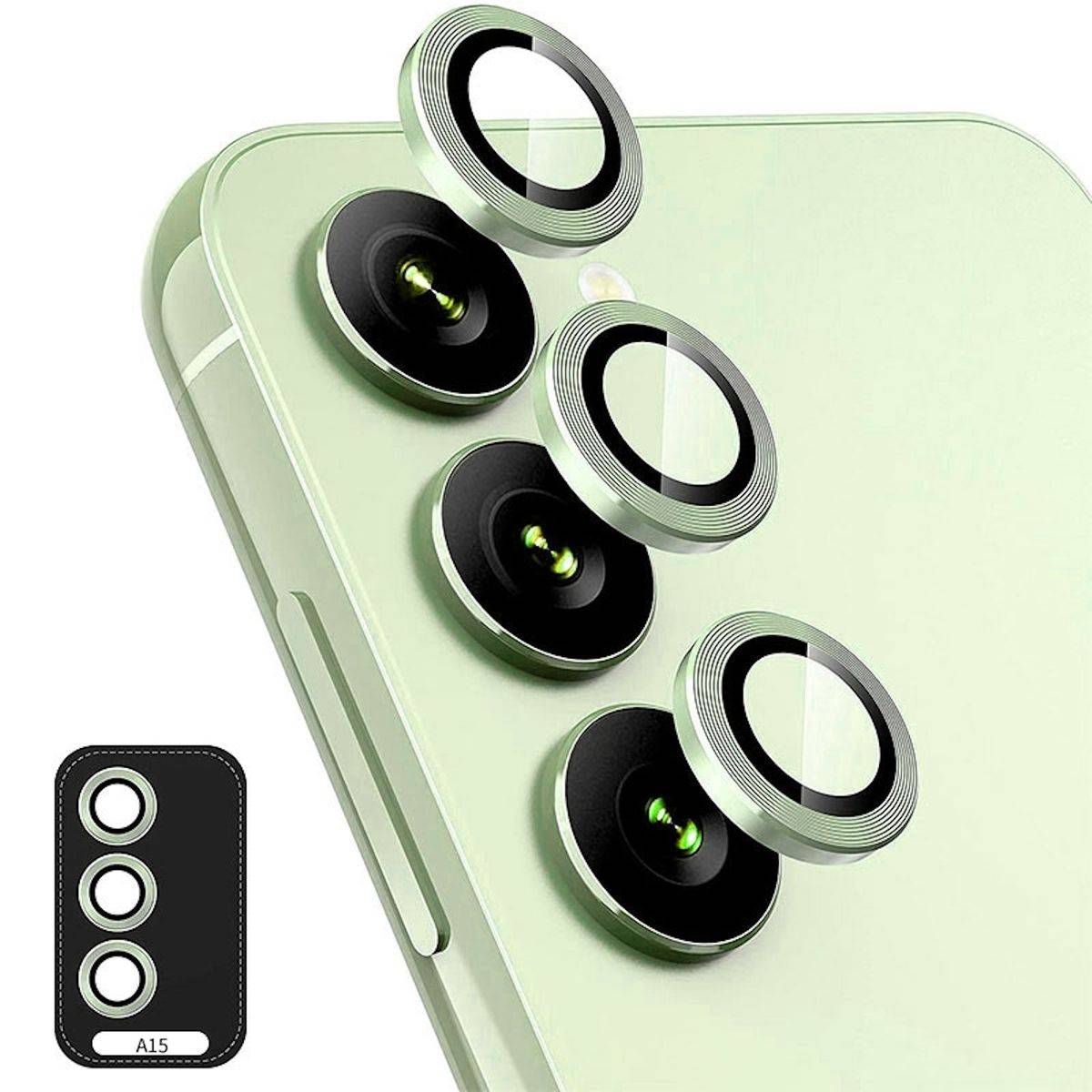 Für Samsung Galaxy A15 Aluminium Ring Kamera + H9 Hart Glas Grün
