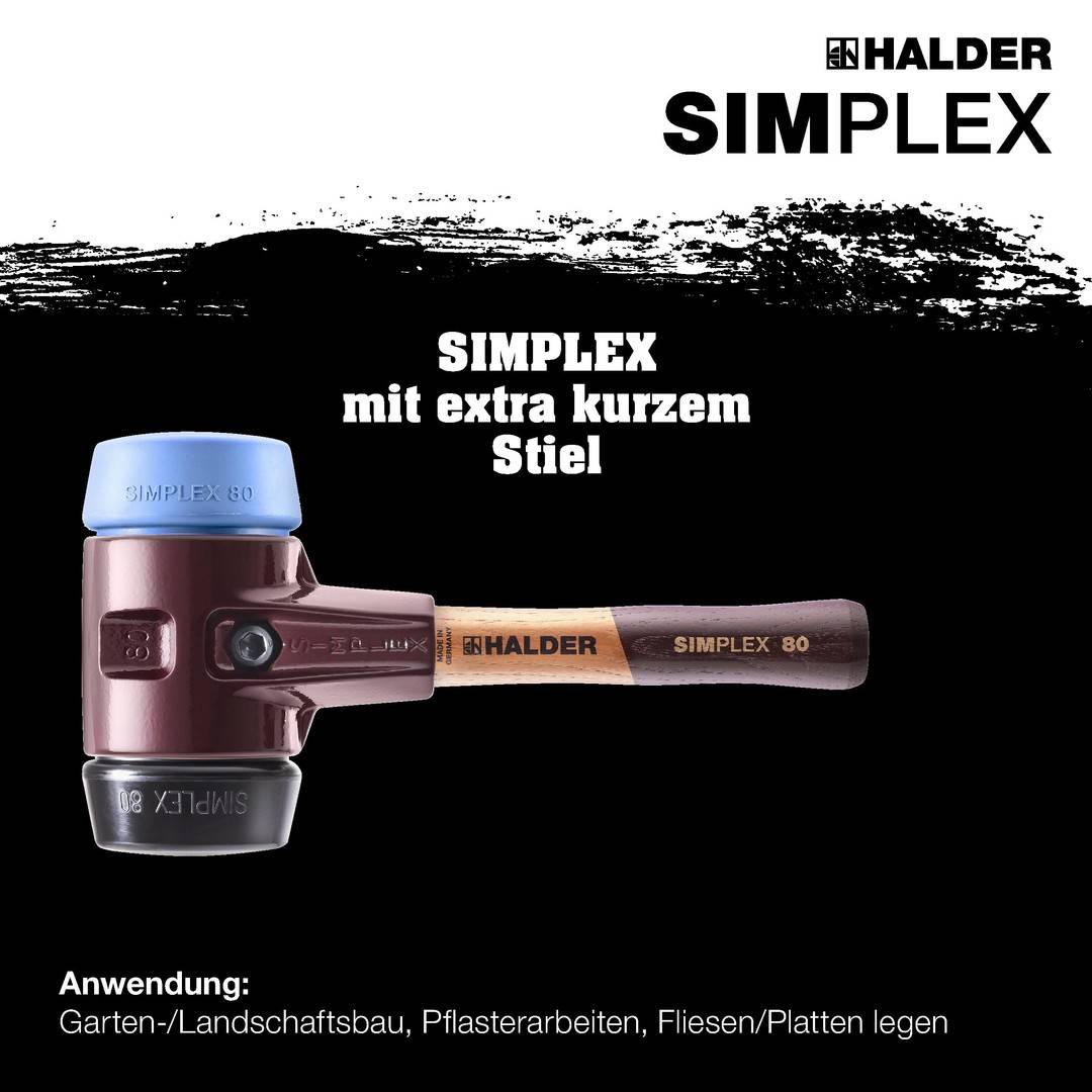 HALDER SIMPLEX Schonhammer Ø 80 mm Gummi / TPE-soft blau mit extra kurzem Stiel und Termpergussgehäuse