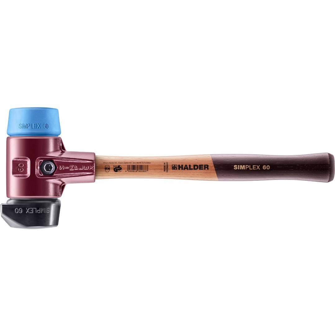HALDER SIMPLEX Schonhammer Ø 60 mm Gummi / TPE-soft blau mit Standfuß und Termpergussgehäuse
