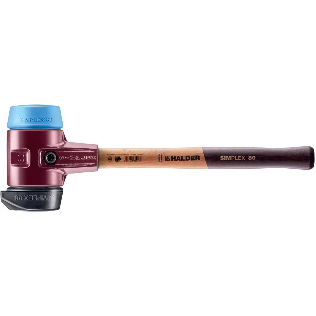HALDER SIMPLEX Schonhammer Ø 80 mm Gummi / TPE-soft blau mit Standfuß und Termpergussgehäuse