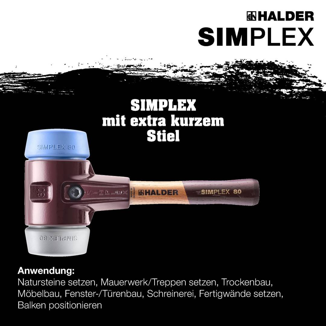HALDER SIMPLEX Schonhammer Ø 80 mm TPE-mid grau / TPE-soft blau mit extra kurzem Stiel und Termpergussgehäuse