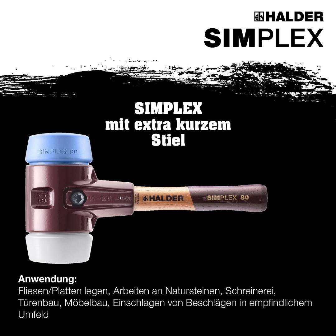 HALDER SIMPLEX Schonhammer Ø 80 mm Superplastik / TPE-soft blau mit extra kurzem Stiel und Termpergussgehäuse
