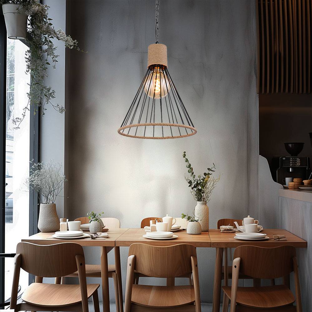 Pendellampe Hanfseil Hängeleuchte Kette Esszimmer Pendelleuchte im Käfig Design, Metall schwarz, 1x E27 Fassung, DxH 35x140 cm