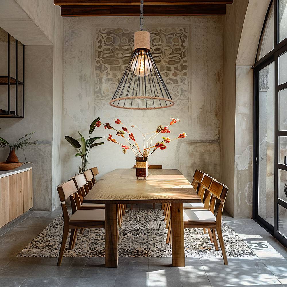 Pendellampe Hanfseil Hängeleuchte Kette Esszimmer Pendelleuchte im Käfig Design, Metall schwarz, 1x E27 Fassung, DxH 35x140 cm