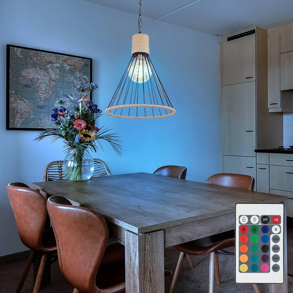 Pendellampe Hanfseil Hängeleuchte Kette Esszimmer Pendelleuchte im Käfig Design, schwarz, Fernbedienung dimmbar, RGB LED 8,5W 806Lm warmweiß, DxH