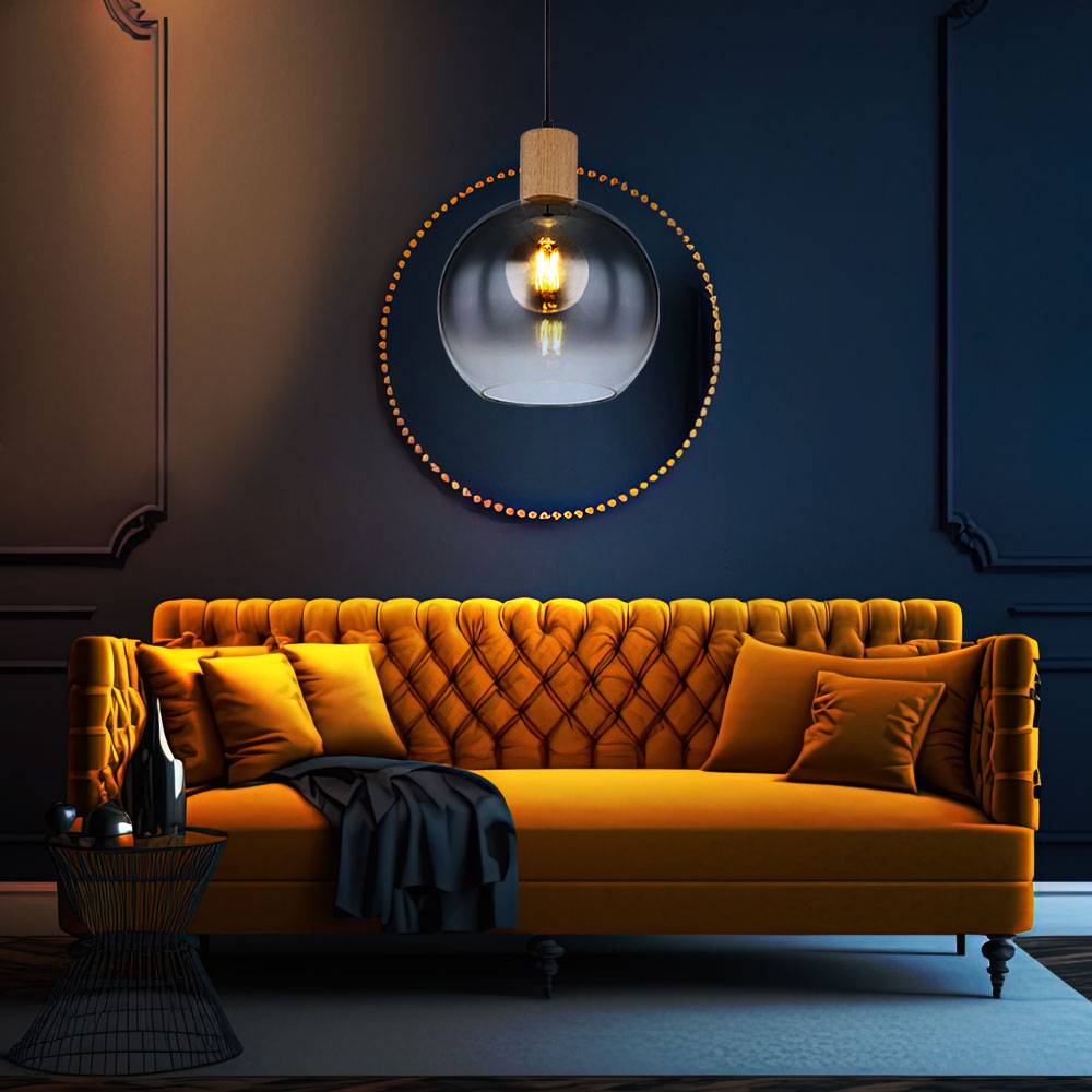 Pendelleuchte Esstisch Holz Esstischlampe Industrial Esszimmerlampe Hängeleuchte, Metall Glas rauch, 1x E27 Fassung, DxH 25x120 cm