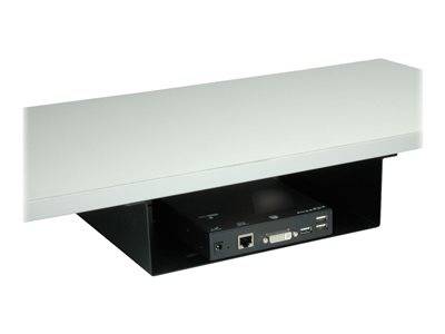 Ein rechteckiges elektronisches Gerät mit mehreren Anschlüssen (Ethernet, USB, HDMI), das sich unter einer hellen, ebenen Oberfläche befindet und zur Konnektivität verwendet wird.