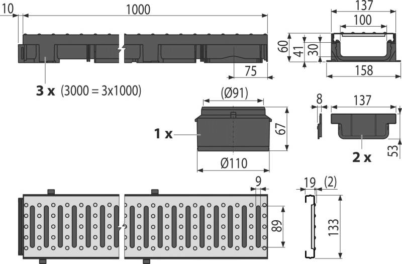 Garagenset Entwässerungsrinne mit verzinktem Rost 3 Meter AlcaDrain
