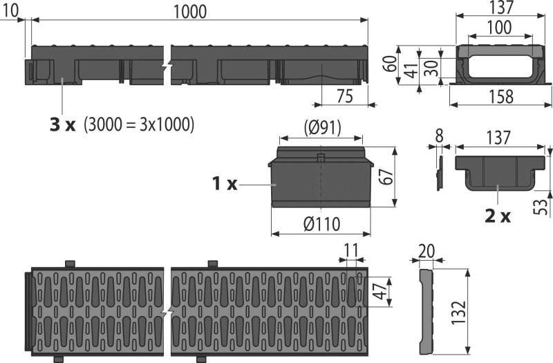 Garagenset Enwässeungsrinne mit Kunststoffrost in schwarz 3 Meter AlcaDrain