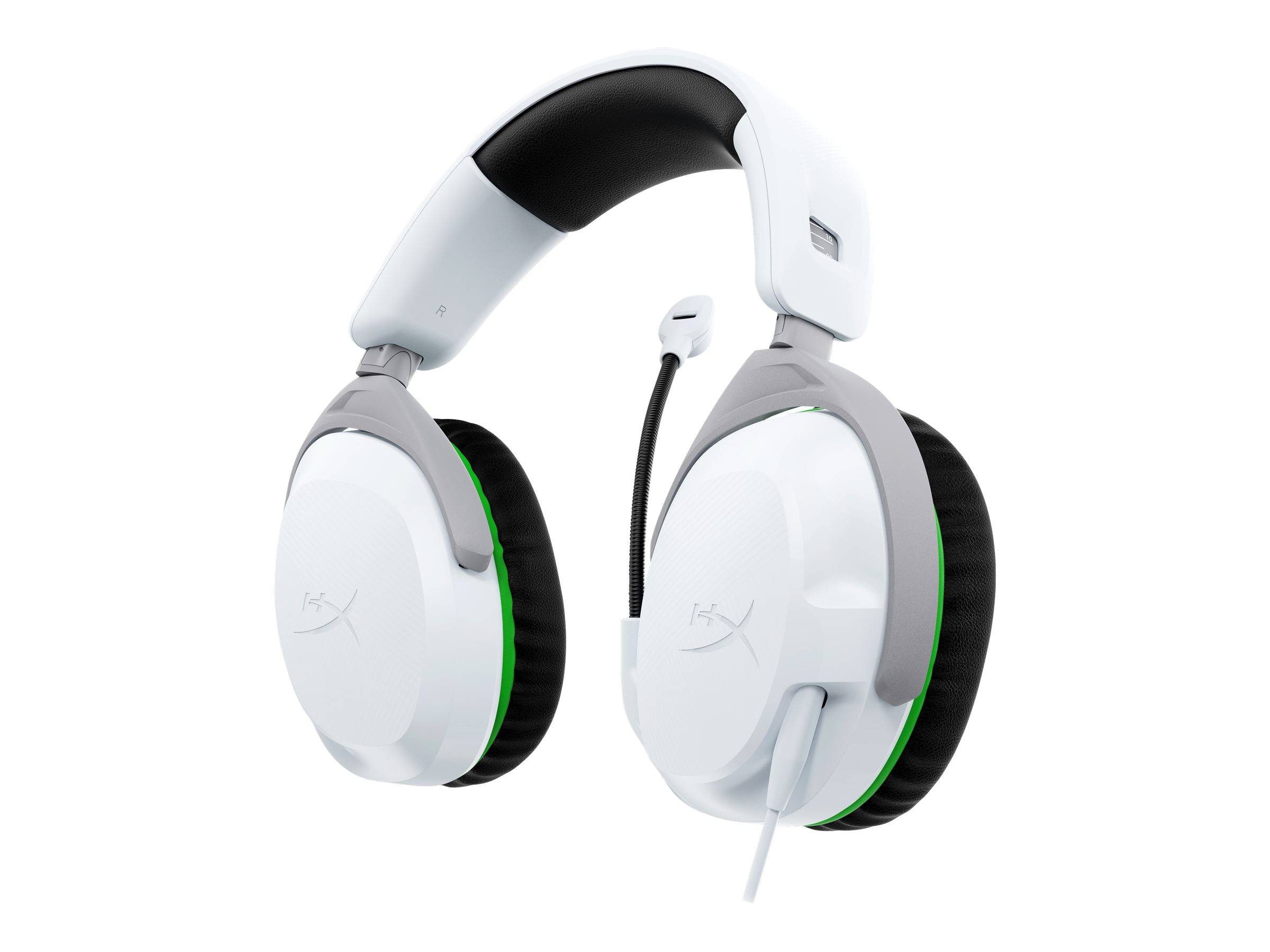 Weißes Gaming-Headset mit Mikrofon, ausgestattet mit einem komfortablen Over-Ear-Design und einem flexiblen schwarz-weißen Kopfbügel.