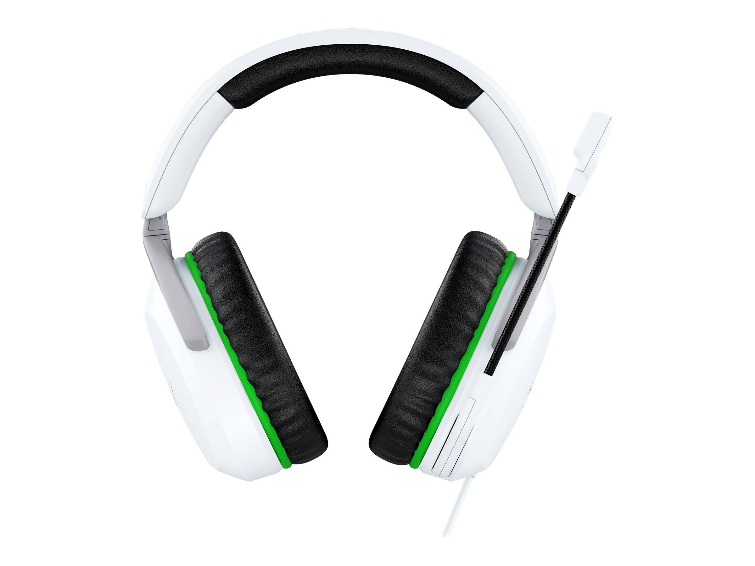 Ein weißes Gaming-Headset mit einem schwarzen gepolsterten Kopfbügel und grüner Ziernaht um die Ohrpolster, ausgestattet mit einem angebrachten Mikrofon.