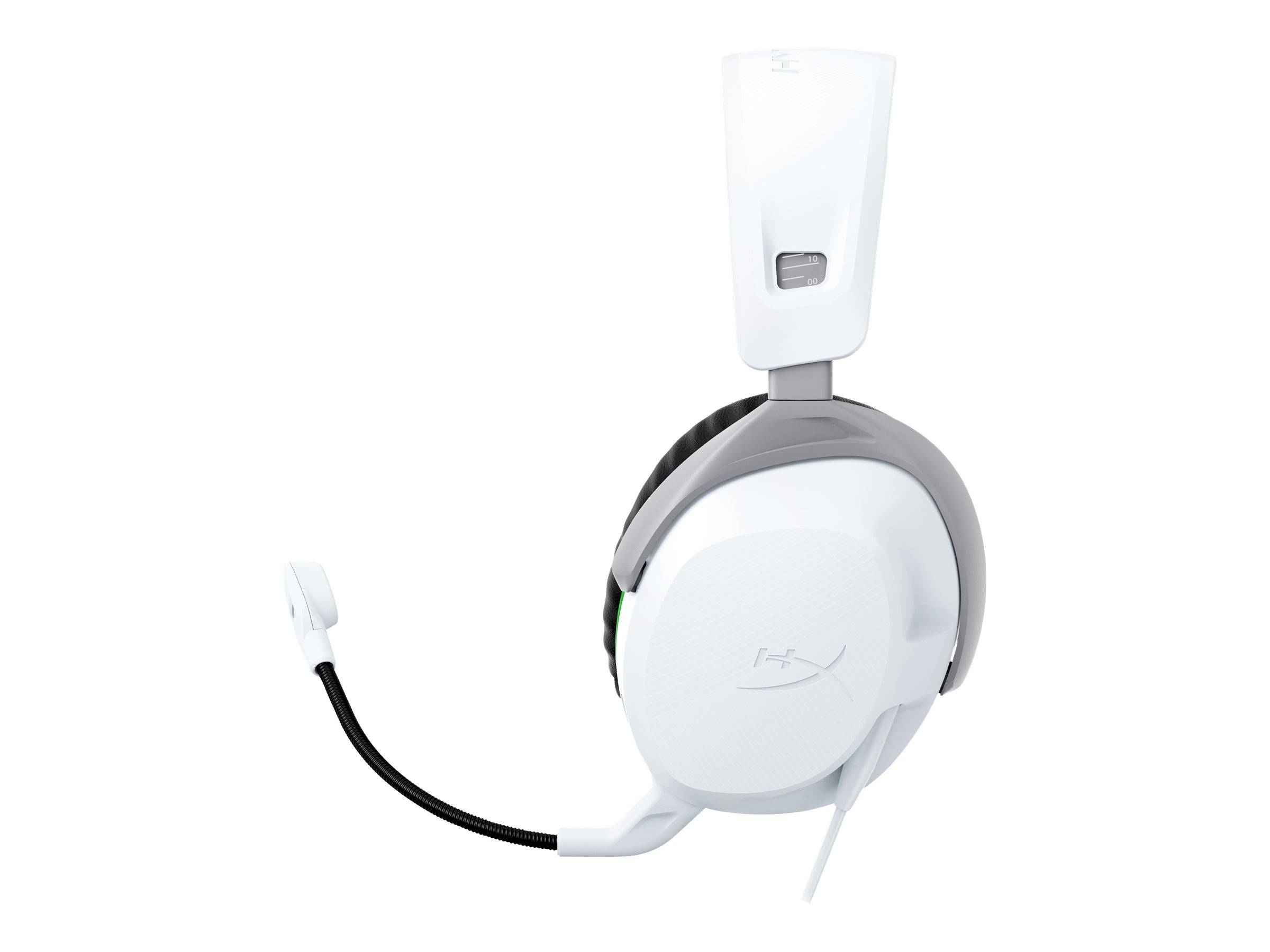 Weißes Gaming-Headset mit abnehmbarem Mikrofon, das ein schlankes Design und einen verstellbaren Kopfbügel aufweist.