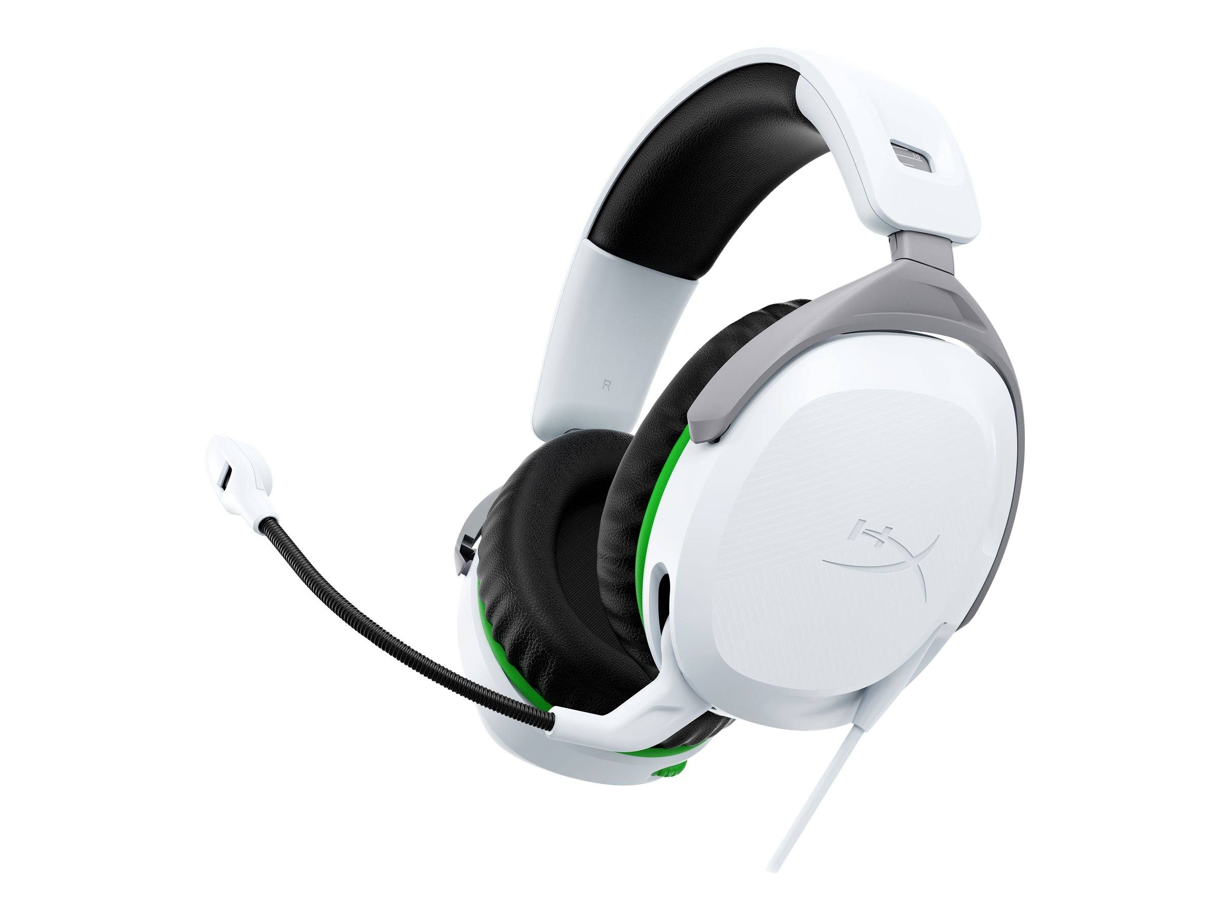 Weißer und schwarzer Gaming-Headset mit angebrachtem Mikrofon, mit dem HyperX-Logo auf der Ohrmuschel, entwickelt für immersive Audioerlebnisse.