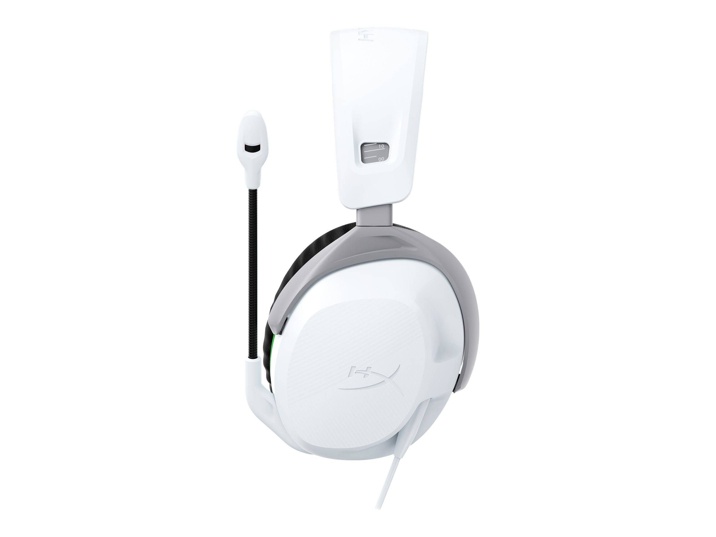 Ein weißes Gaming-Headset mit angebrachtem Mikrofon, das ein schlankes Design und eine gepolsterte Ohrmuschel für Komfort aufweist.