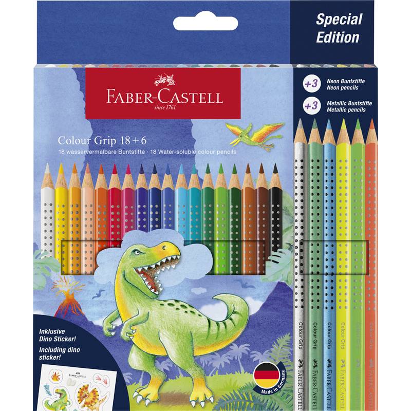 Der 'Faber-Castell Colour Grip' Sonderausgabe-Set enthält 18 wasservermalbare Farbstifte mit zusätzlichen Neon- und Metallic-Stiften und präsentiert ein Dinosaurier-Design auf der Verpackung.
