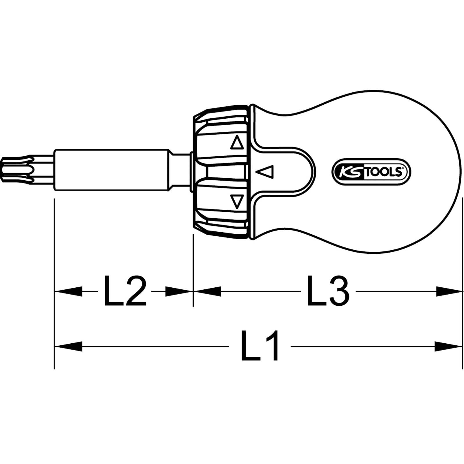 Schematische Zeichnung eines KS Tools Schraubenziehers mit den Abmessungen L1, L2, L3 gekennzeichnet. Zeigt Griff und austauschbaren Bit mit Pfeilen.