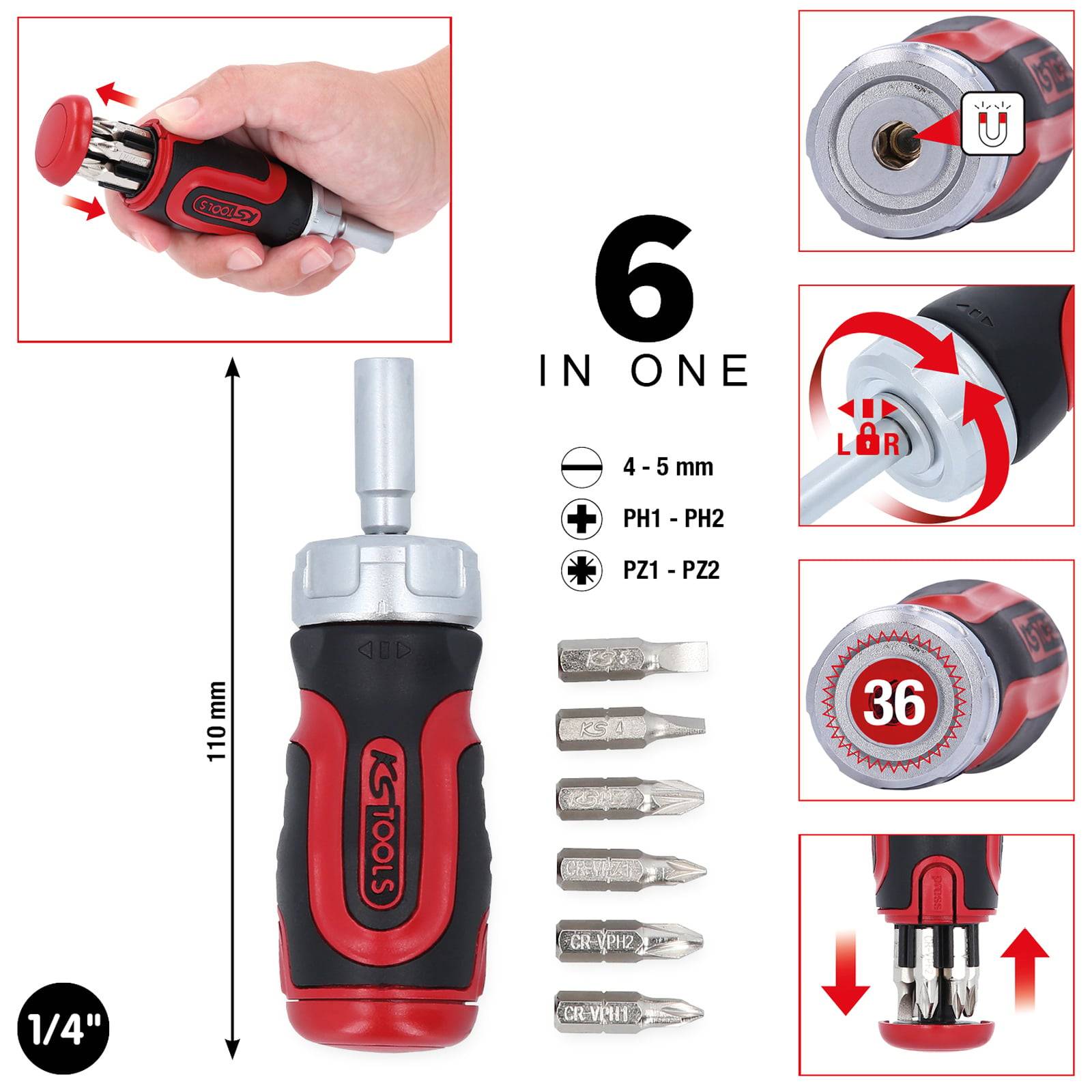 KS TOOLS 1/4" 6 in 1 Mini-Ratschen-Schraubendreher - 159.2025