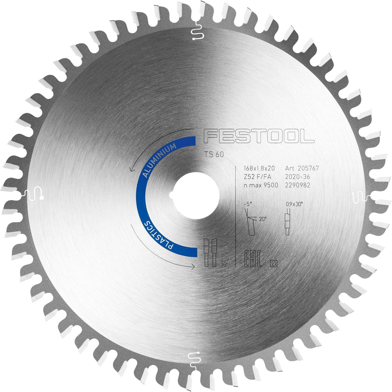 Eine Kreissägeblatt mit 48 Zähnen, gekennzeichnet als 'Festool TS 60'; enthält technische Details wie Durchmesser, Blatttyp und spezifische Anwendungen für Aluminium und Kunststoffe.