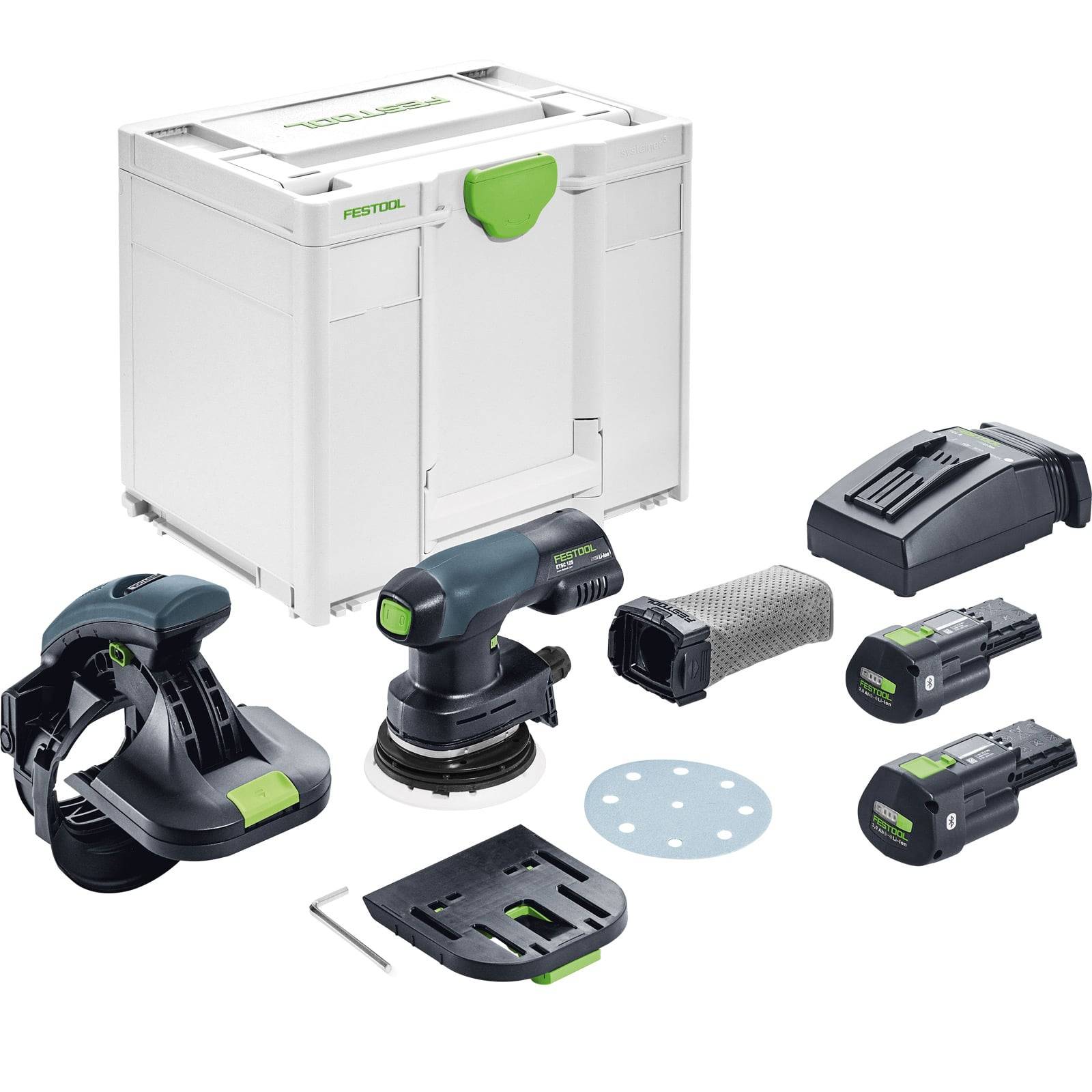 Festool Akku-Schleifer-Set umfasst Schleifer, Akkus, Ladegerät, Schleifscheiben und Zubehör, alles untergebracht in einem weißen Werkzeugkoffer.