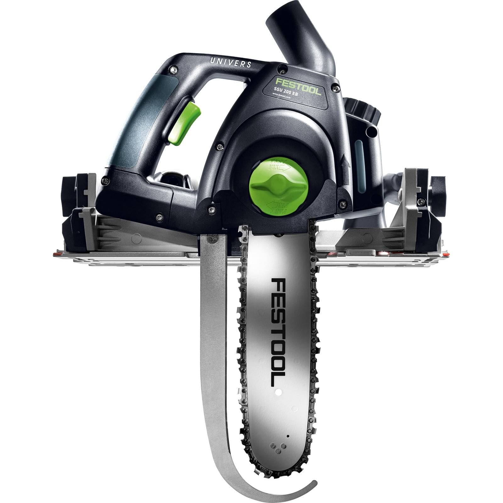 Eine Festool Kettensäge mit elegantem Design und sichtbarem Logo. Die Kettensäge verfügt über einen grünen Bedienungsregler und wird vor einem schlichten Hintergrund präsentiert.