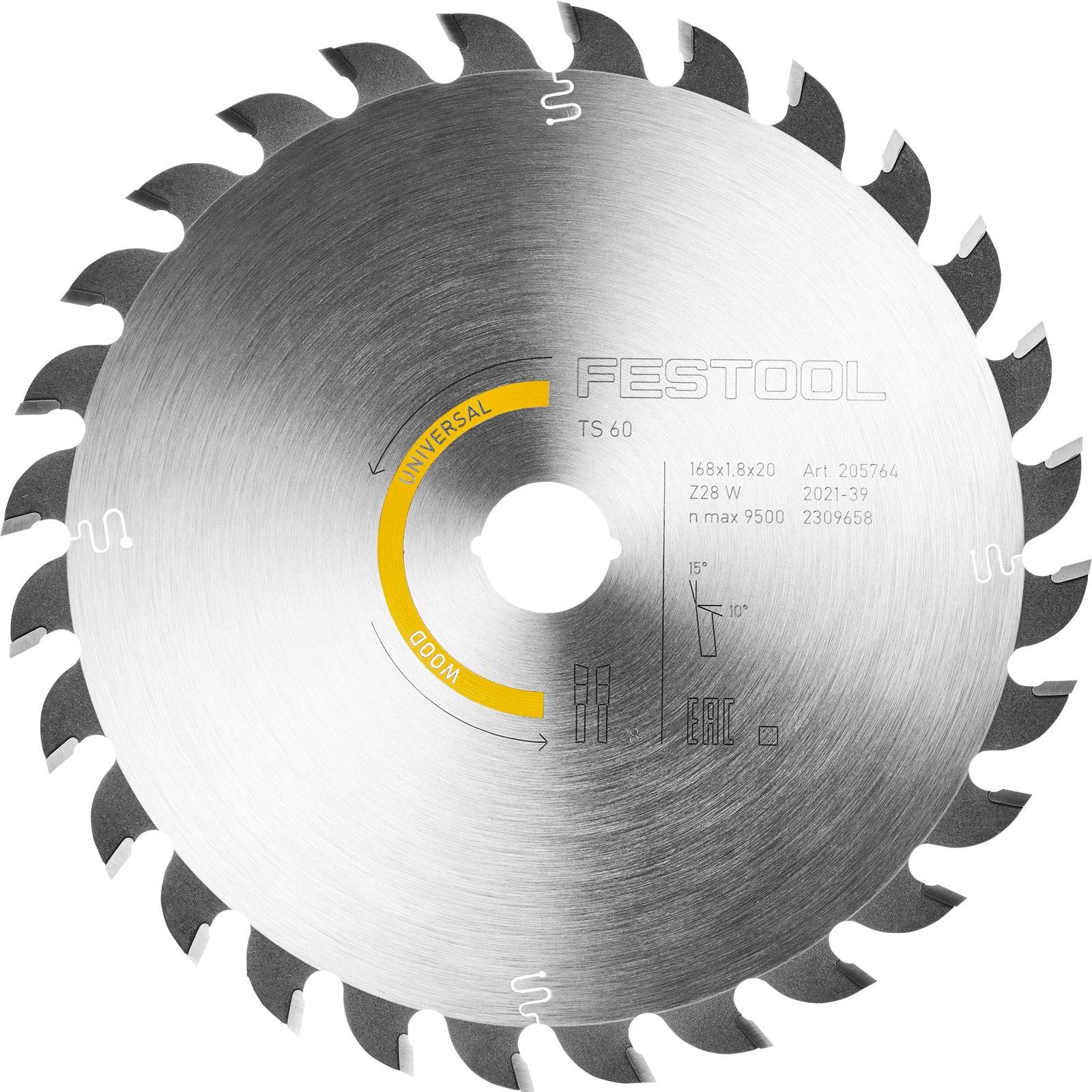 Kreissägeblatt mit scharfen Zähnen, mit der Aufschrift 'Festool' und Modelldetails. Geeignet für verschiedene Materialien, mit Betonung der universellen Verwendbarkeit.