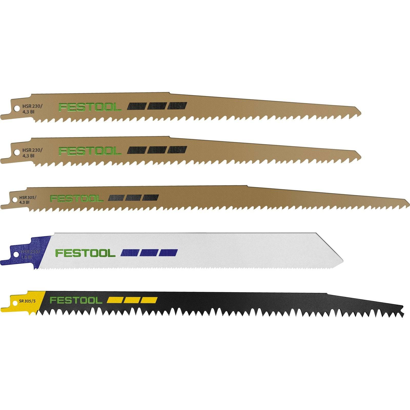 Fünf Festool-Stichsägeblätter werden horizontal präsentiert, wobei jedes eine andere Gestaltung und Farbkombination für verschiedene Schneidaufgaben aufweist.