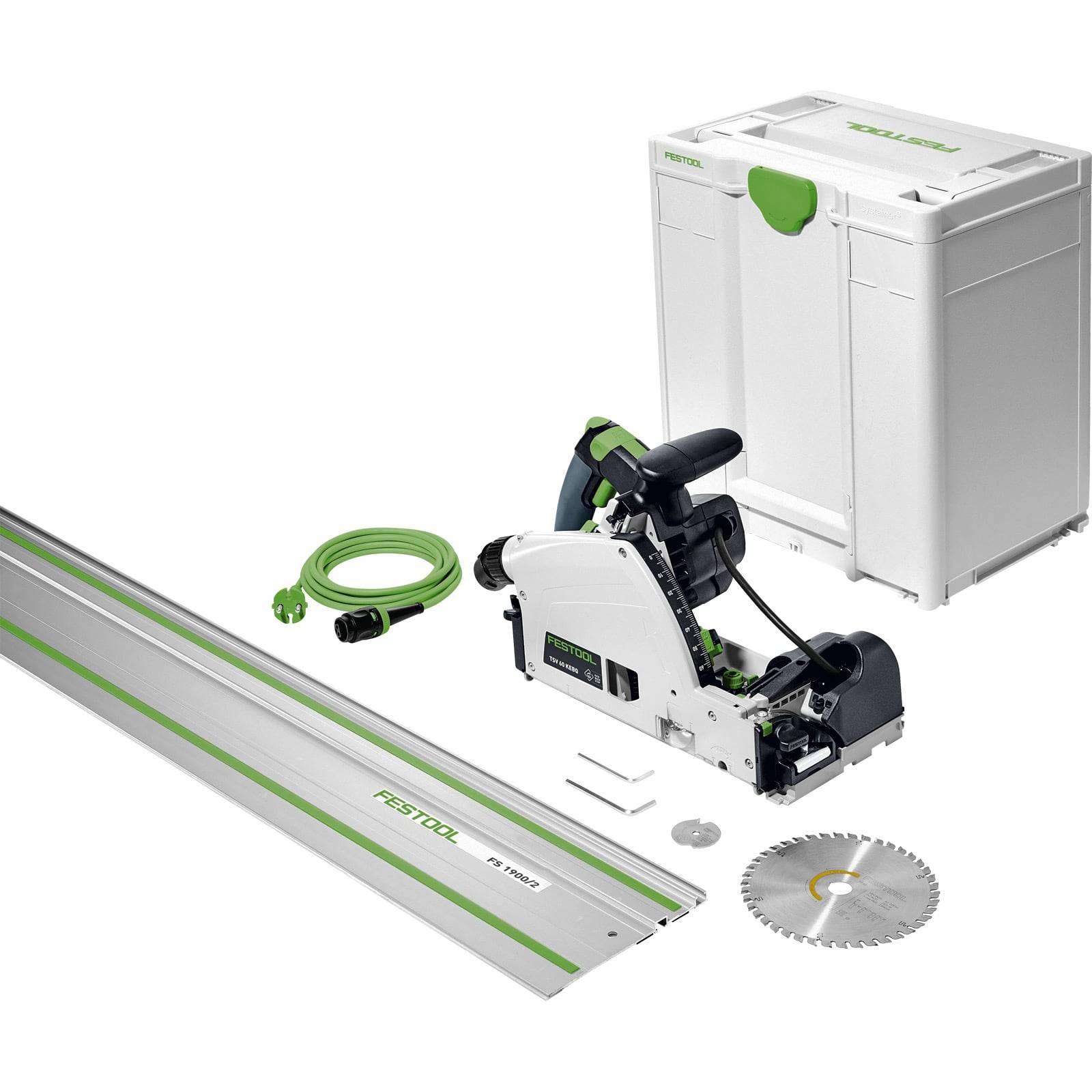 Ein Festool Führungsschienensägen-Set mit einer Säge, Führungsschiene, Netzkabel, Sägeblatt und Transportkoffer, entwickelt für präzise Holzbearbeitung.