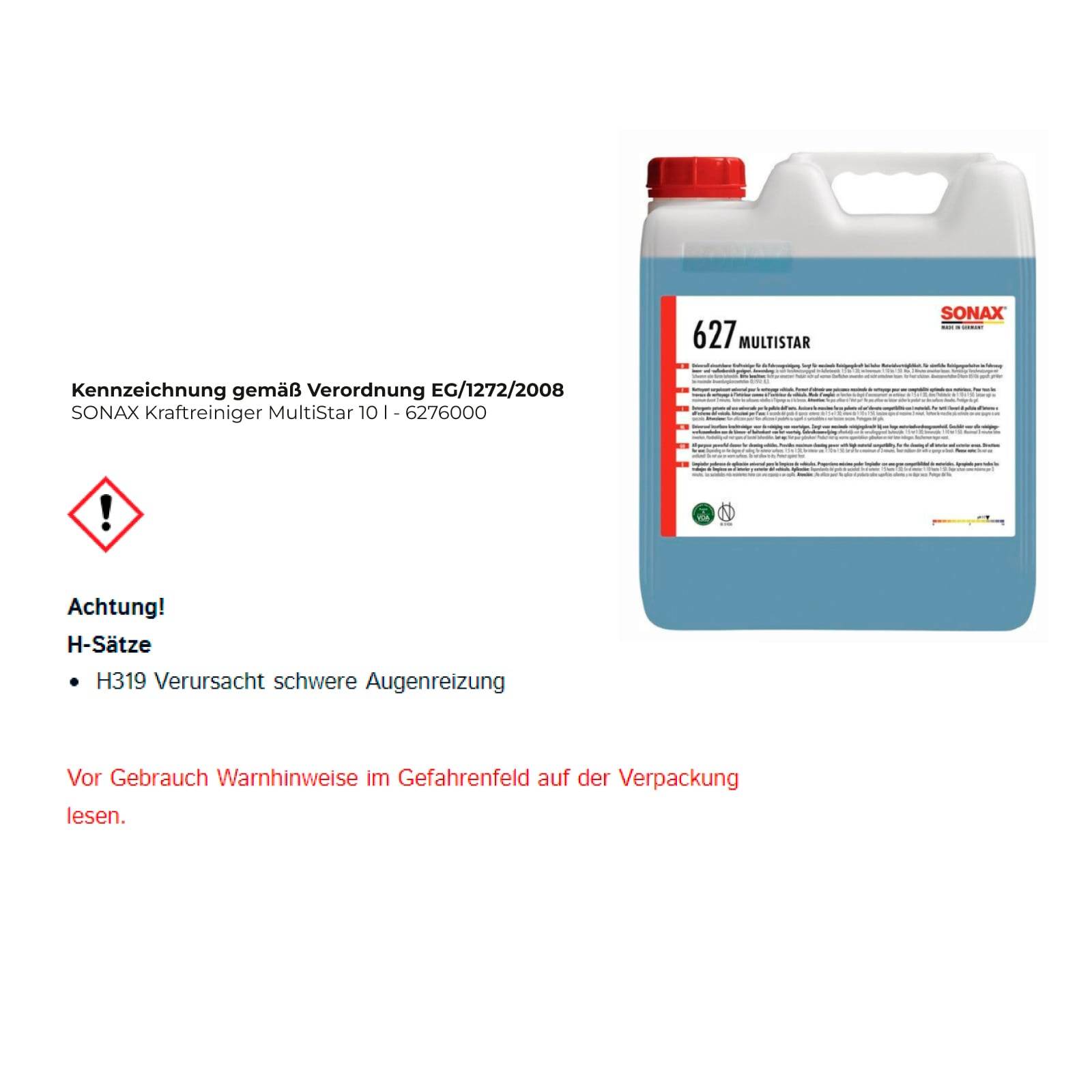 SONAX Kraftreiniger MultiStar 10 l mit Warnung vor schwerer Augenreizung. Der deutsche Text weist darauf hin, dass die Verpackung auf Warnhinweise zu lesen ist.