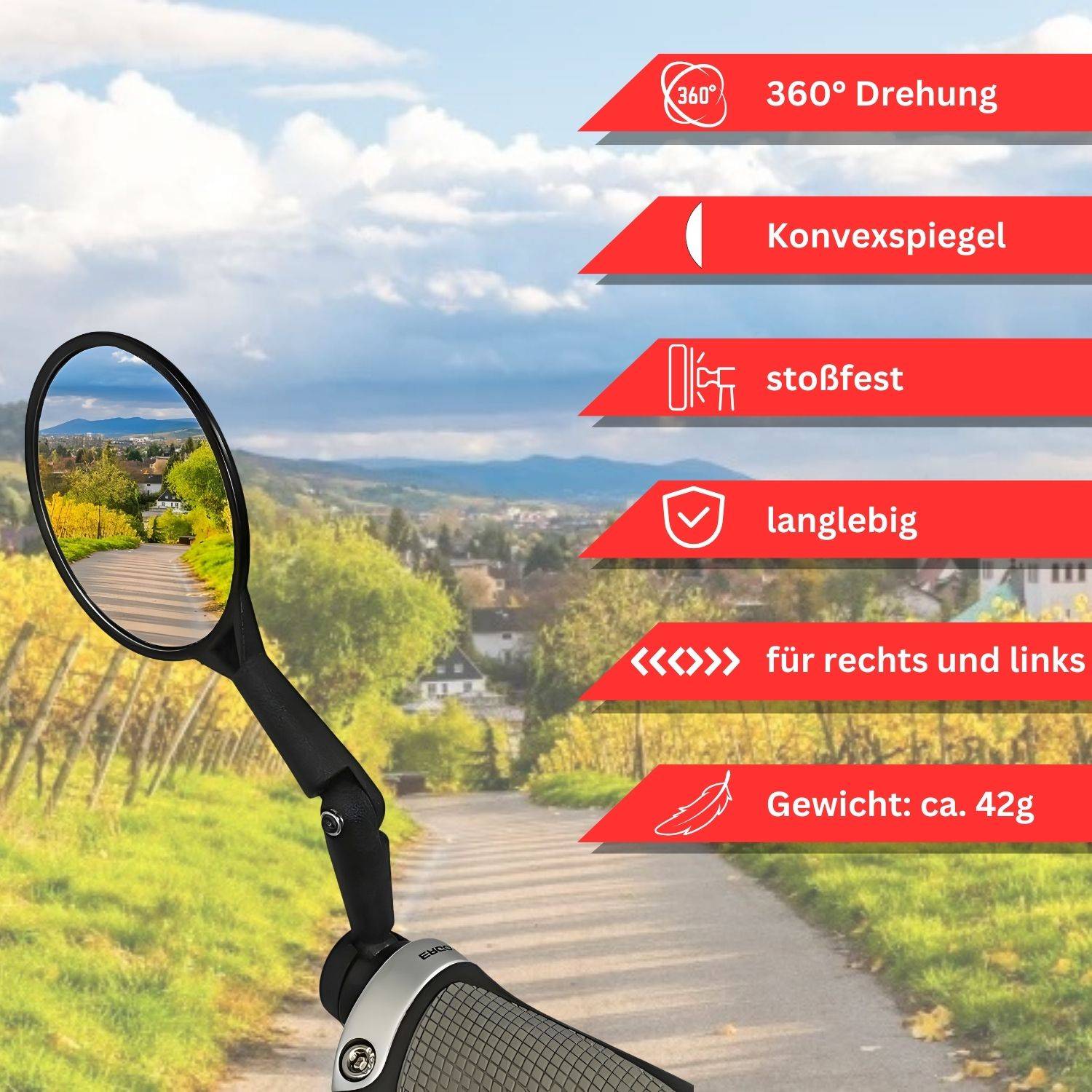 Red Loon Fahrradspiegel für Lenker - Rückspiegel Fahrrad Fahrradrückspiegel E Bike - Lenkerspiegel Fahrrad Spiegel konvex - klappbar 360° drehbar