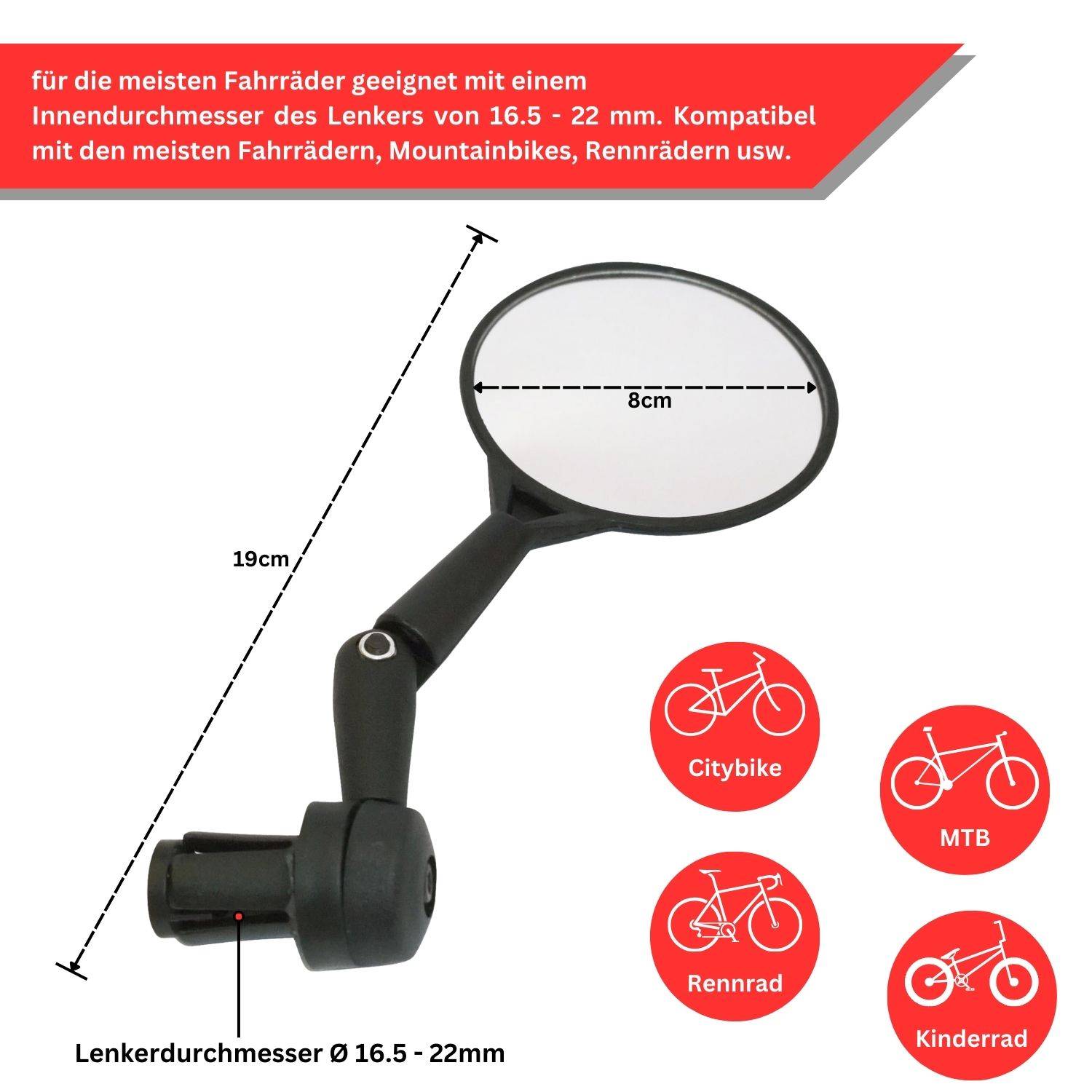 Red Loon Fahrradspiegel für Lenker - Rückspiegel Fahrrad Fahrradrückspiegel E Bike - Lenkerspiegel Fahrrad Spiegel konvex - klappbar 360° drehbar