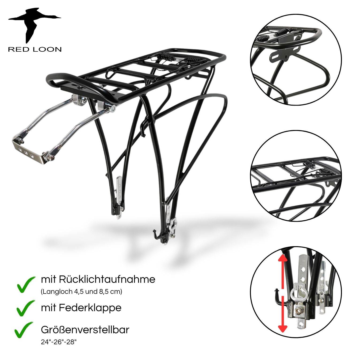 Red Loon Fahrrad Gepäckträger hinten - Fahrradgepäckträger mit Federklappe - Aluminiumlegierung - Rad Gepäckträger passend für 24-28" verstellb