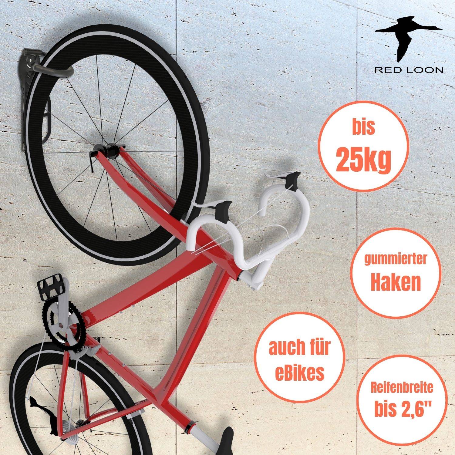 Ein rotes Fahrrad, das mit Haken vertikal an einer Wand montiert ist. Der Text hebt folgende Merkmale hervor: „bis 25kg
