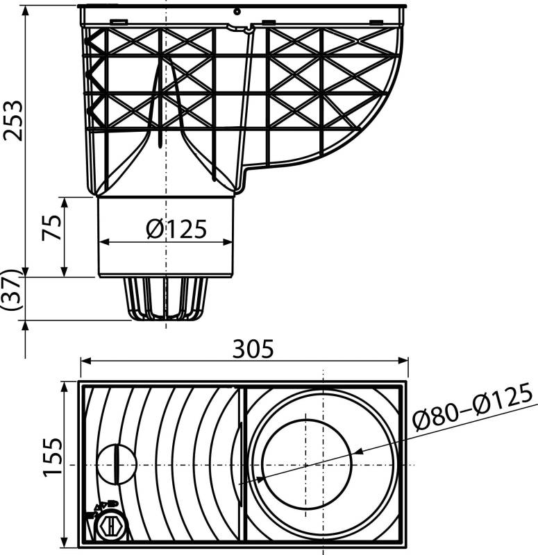 Universal-Regensinkkasten 300×155/125 mm Abgang senkrecht, Schwarz