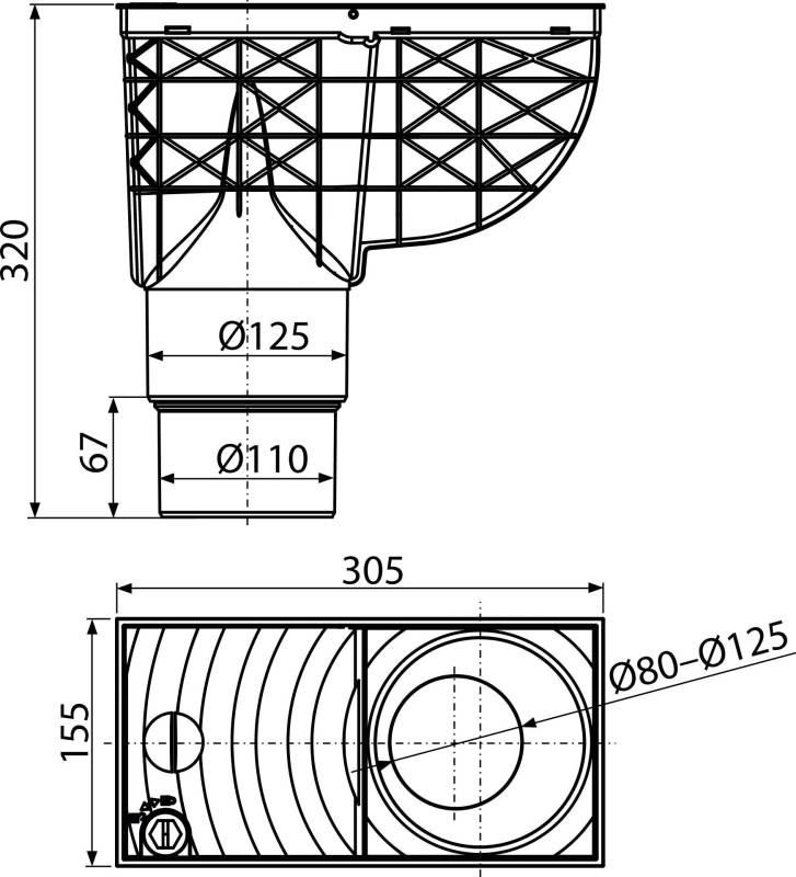 Universal-Regensinkkasten 300×155/125/110 mm Abgang senkrecht, Schwarz