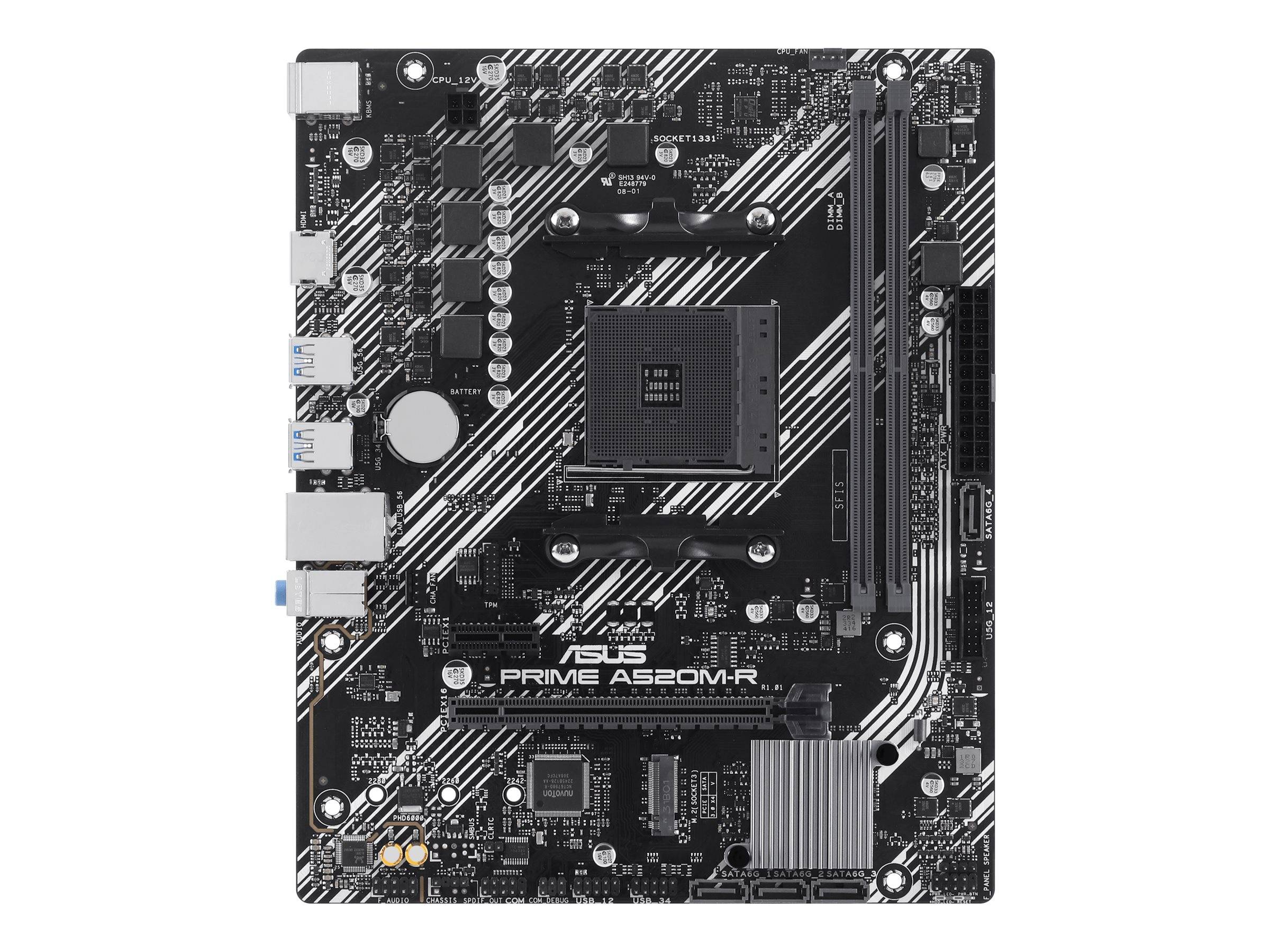 ASUS Prime A520M-R Motherboard, zeigt CPU-Sockel, RAM-Steckplätze, PCIe-Steckplatz, Erweiterungsanschlüsse und Speicheranschlüsse.