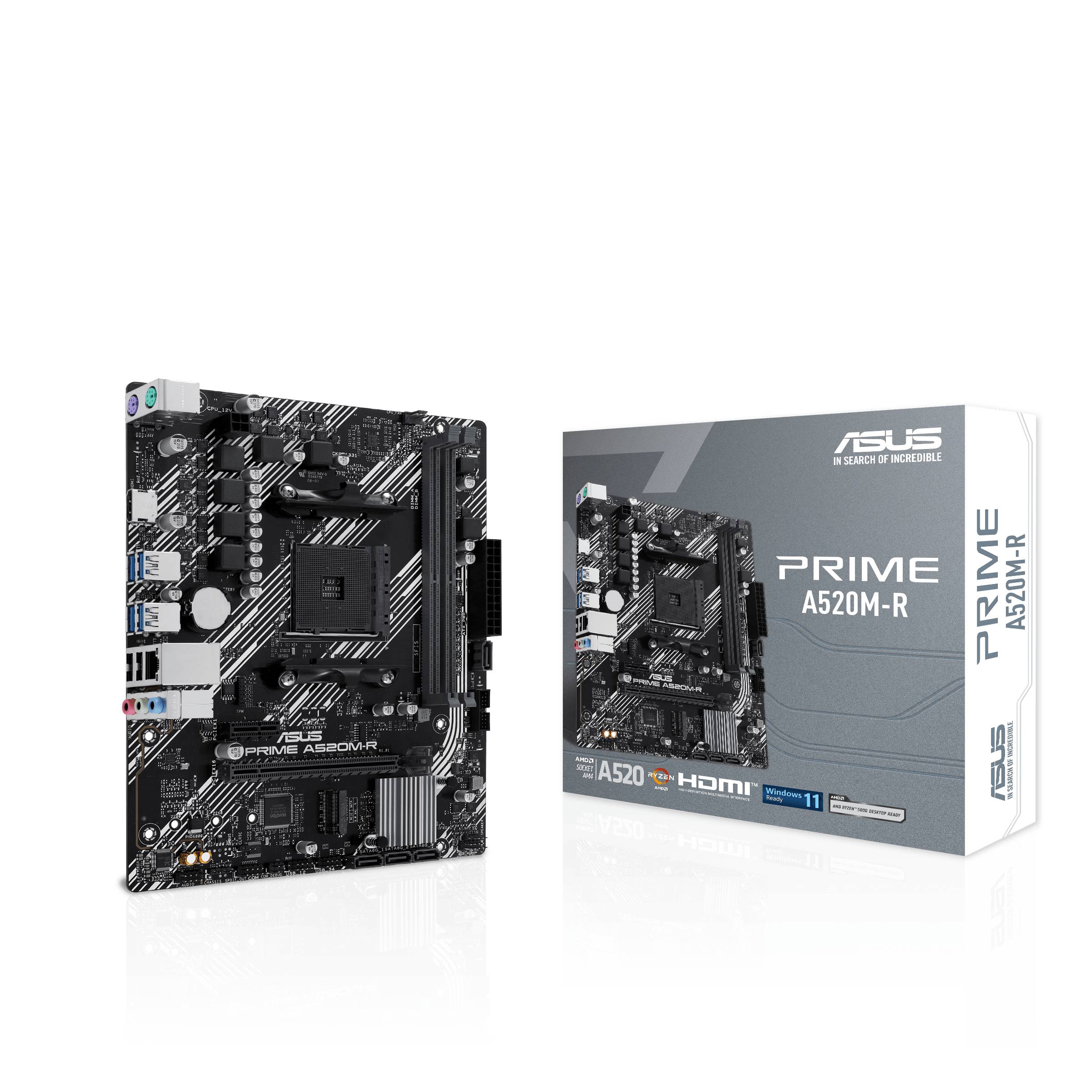 ASUS PRIME A520M-R Motherboard neben seiner Einzelhandelverpackung auf schwarzem Hintergrund.